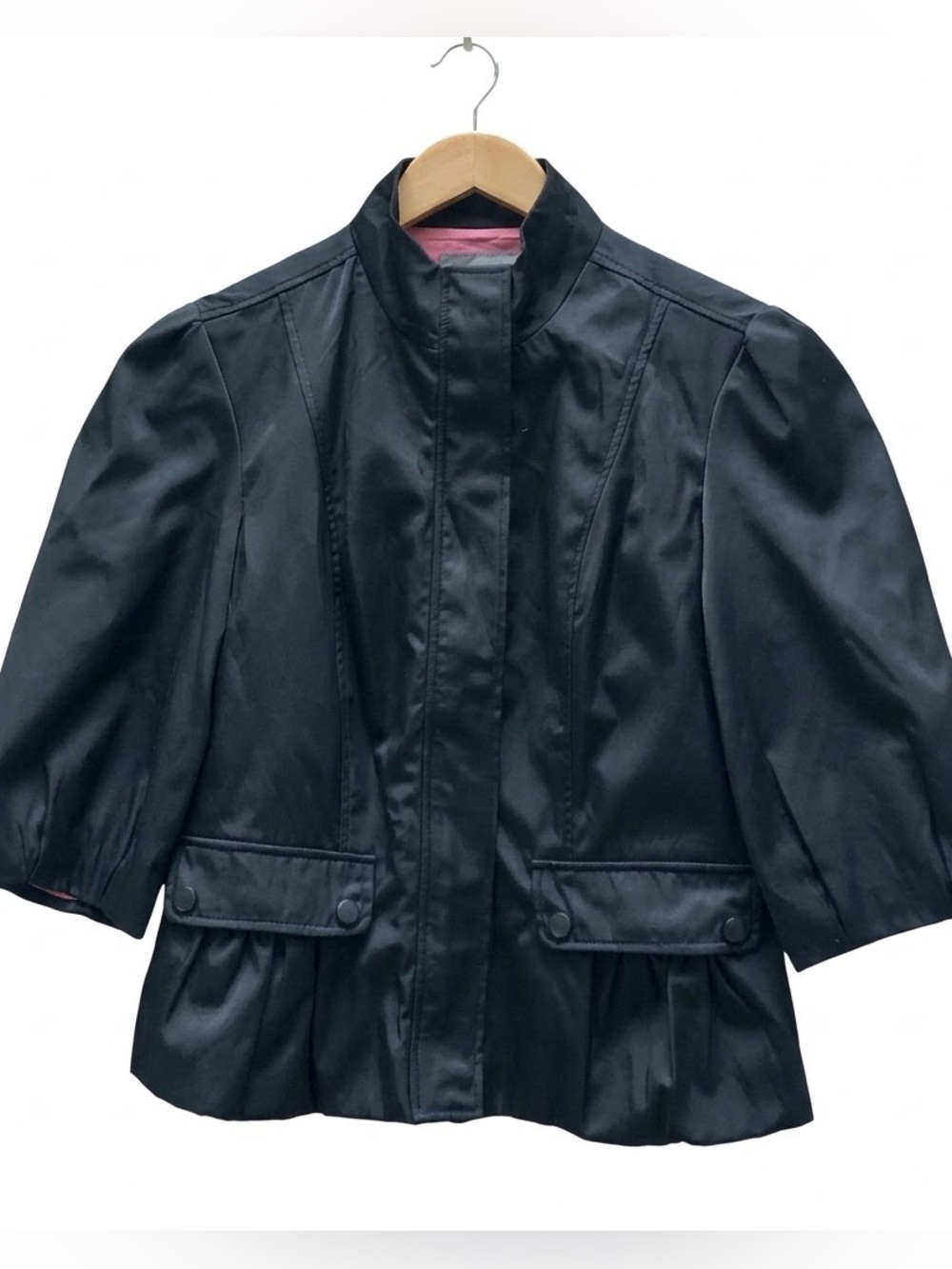 Mac & Jac Black Peplum Jacket Sz 6 Puff 3/4 Sleeve Office Career Blazer EUC
